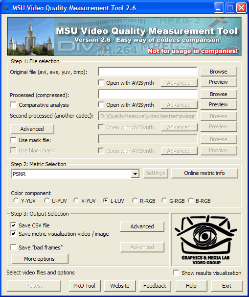 MSU Video Quality Measurement Tool Screenshot